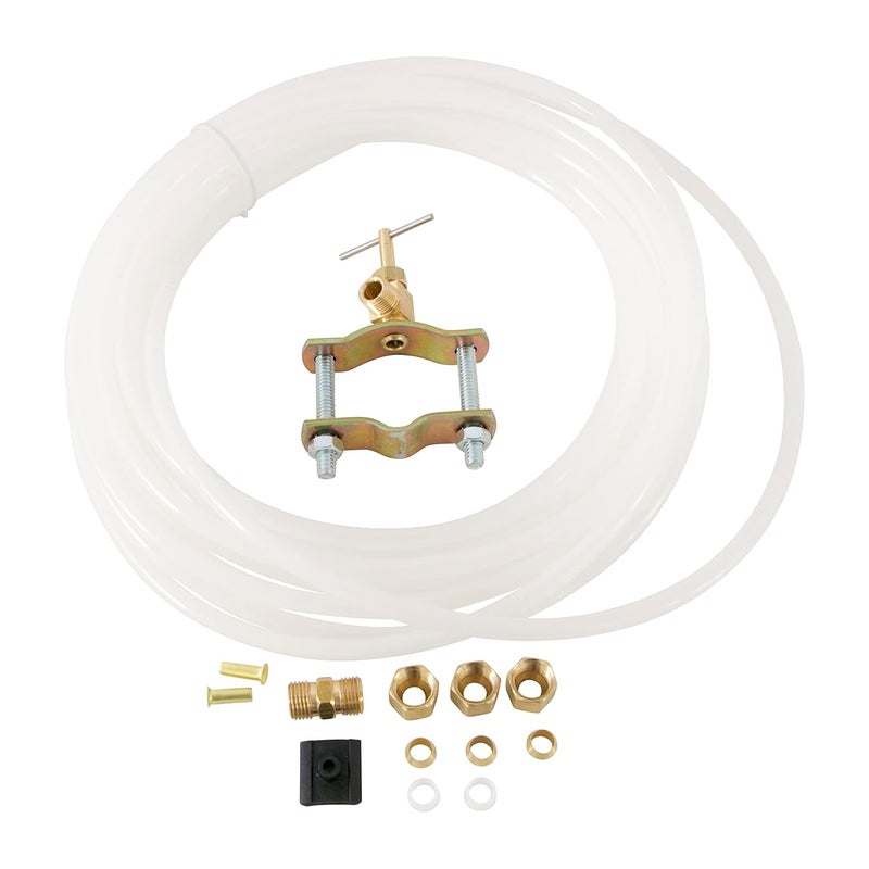 Kitchen Basics 101 Refrigerator Water Line Kit for All Fridges, Freezers, Humidifier Installation Kit, 1/4” x 25’ Poly Tubing, Saddle Piercing Needle Valve w Compression Fittings & Adapters - Image 1